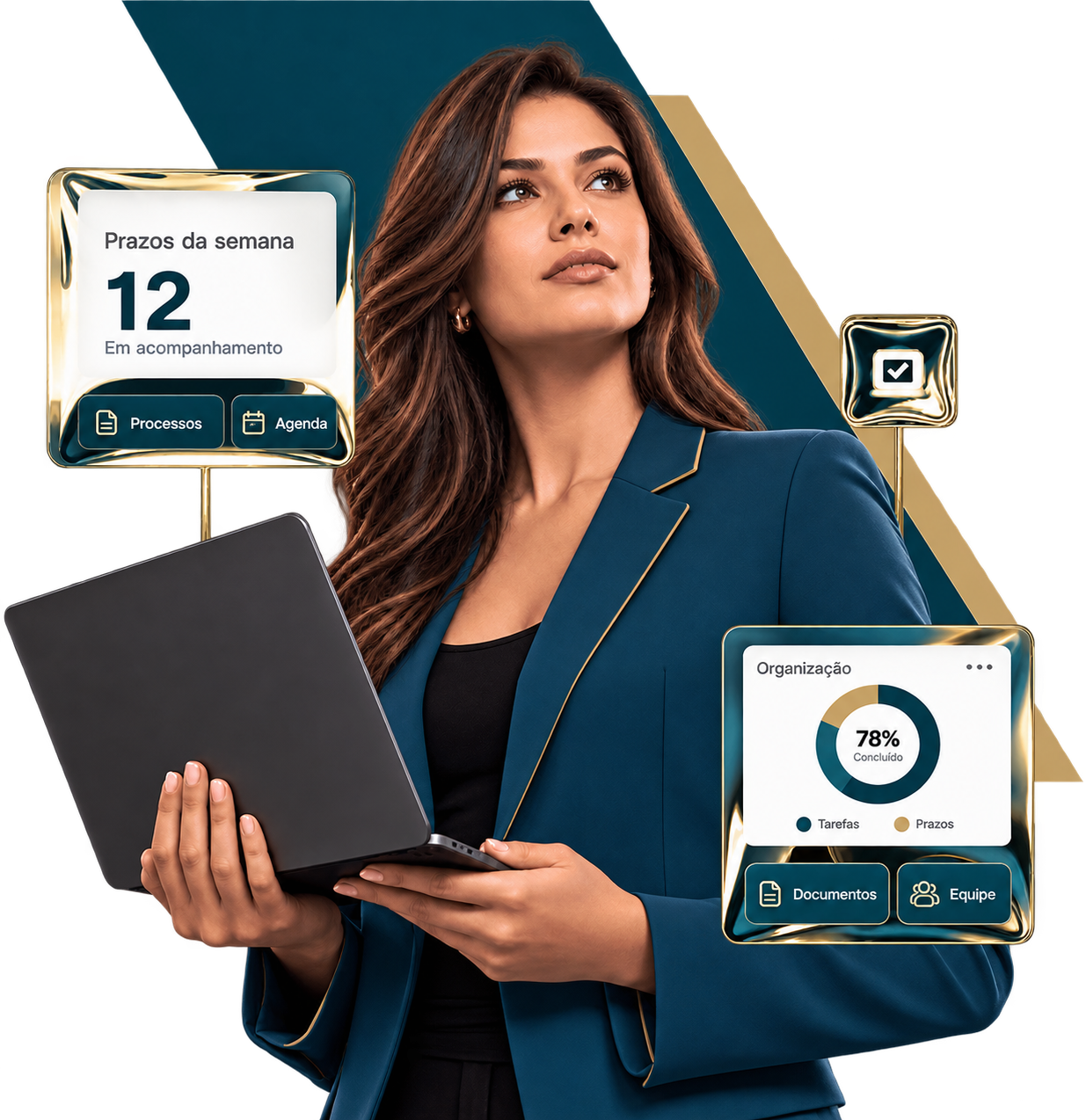 Advogada com notebook e painéis ilustrativos de prazos, processos e organização